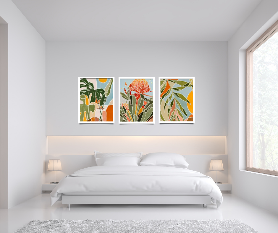 Boho floral protea | High quality UV protected framed canvas prints | Green, blue, orange | Set of 3 | 30 cm x 40 cm