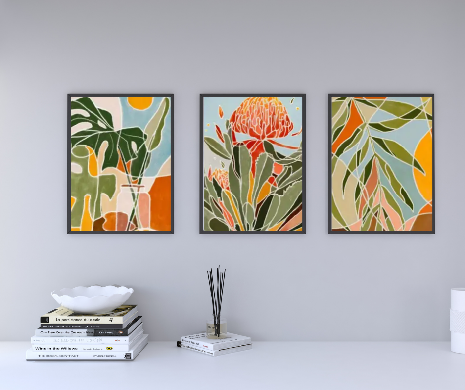 Boho floral protea | High quality UV protected framed canvas prints | Green, blue, orange | Set of 3 | 30 cm x 40 cm