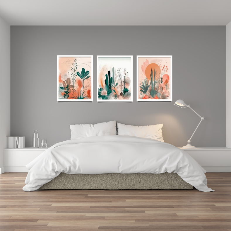 Boho floral water colour desert scene |  High quality UV protected framed canvas print | Peach, green, orange, pastels | Set of 3 | 30cm x 40cm