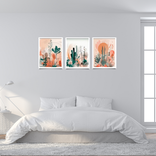 Boho floral water colour desert scene |  High quality UV protected framed canvas print | Peach, green, orange, pastels | Set of 3 | 30cm x 40cm