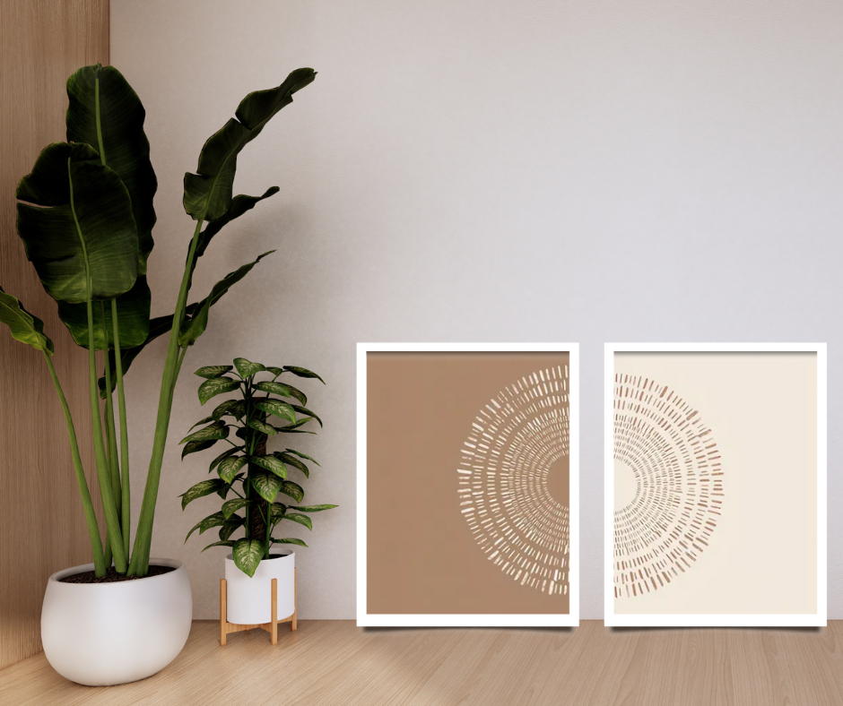 Boho day and night |  High quality UV protected framed canvas print | Tan and beige | Set of 2 | White frame | 30 cm x 40 cm