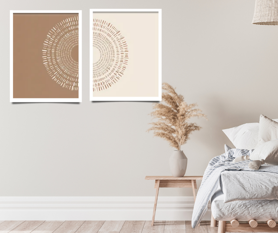 Boho day and night |  High quality UV protected framed canvas print | Tan and beige | Set of 2 | White frame | 30 cm x 40 cm