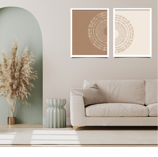 Boho day and night |  High quality UV protected framed canvas print | Tan and beige | Set of 2 | White frame | 30 cm x 40 cm