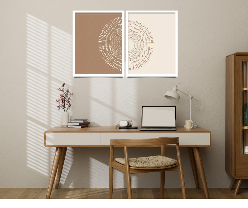 Boho day and night |  High quality UV protected framed canvas print | Tan and beige | Set of 2 | White frame | 30 cm x 40 cm