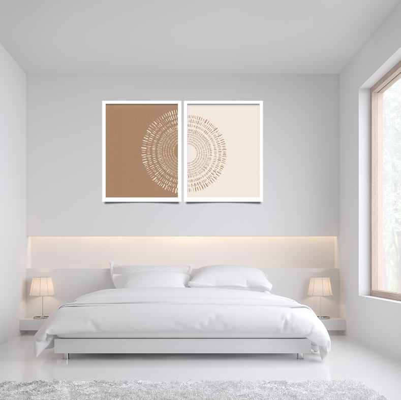 Boho day and night |  High quality UV protected framed canvas print | Tan and beige | Set of 2 | White frame | 30 cm x 40 cm