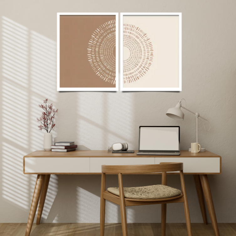Boho day and night |  High quality UV protected framed canvas print | Tan and beige | Set of 2 | White frame | 30 cm x 40 cm