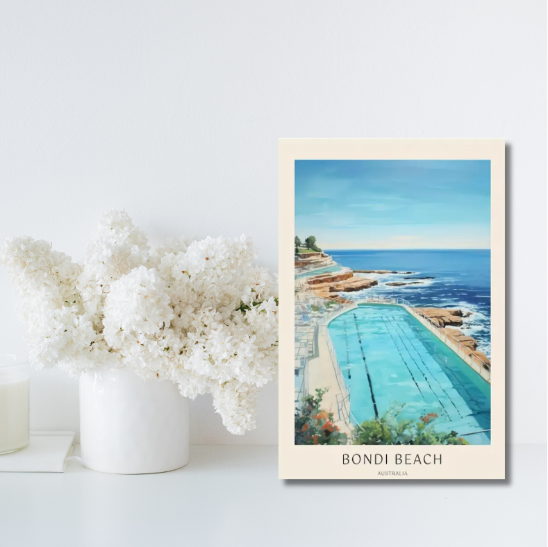 Bondi Beach water colour framed canvas print | 30 cm x 40 cm