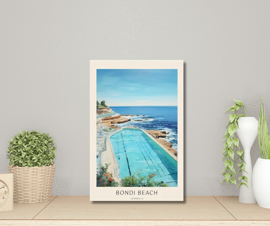 Bondi Beach water colour framed canvas print | 30 cm x 40 cm