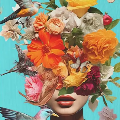 Vibrant lady with birds and flowers stretched canvas print | Aqua, black, orange | 30 cm x 40 cm