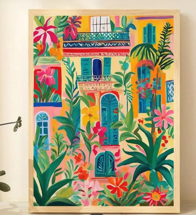 Cuban-style villa urban garden framed canvas print | Beige, pink, yellow | 30 cm x 40 cm