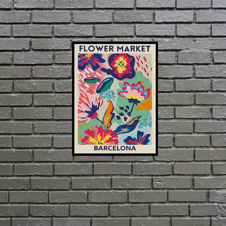 Bright 'Flower market' Barcelona high quality UV protected framed canvas print | Blue, pink, aqua | 30 cm x 40 cm