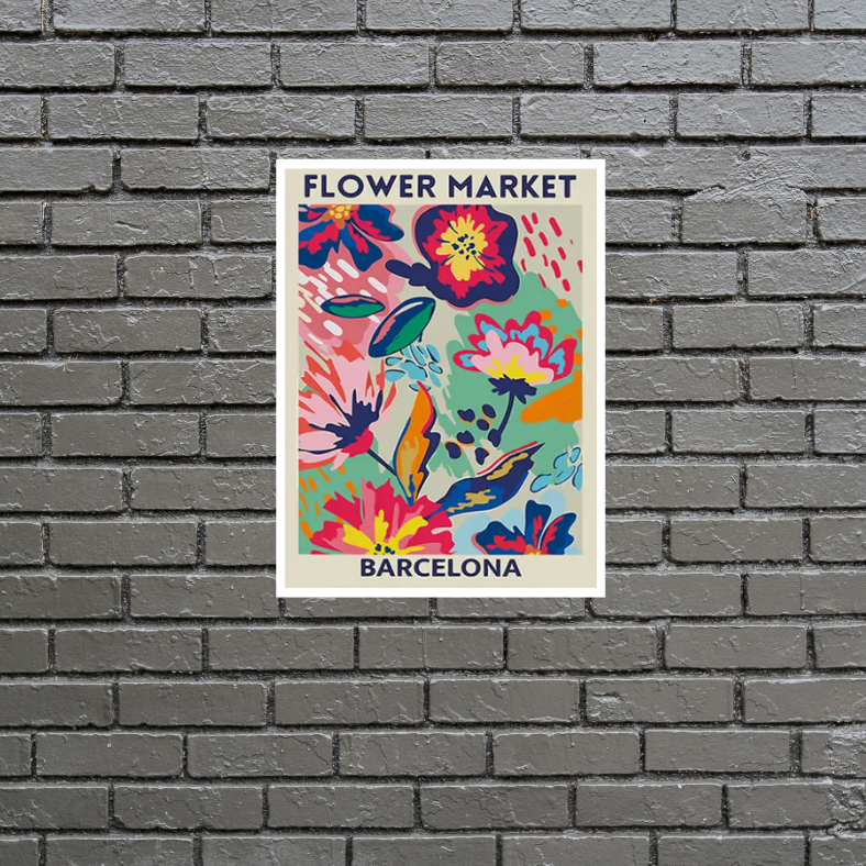 Bright 'Flower market' Barcelona high quality UV protected framed canvas print | Blue, pink, aqua | 30 cm x 40 cm