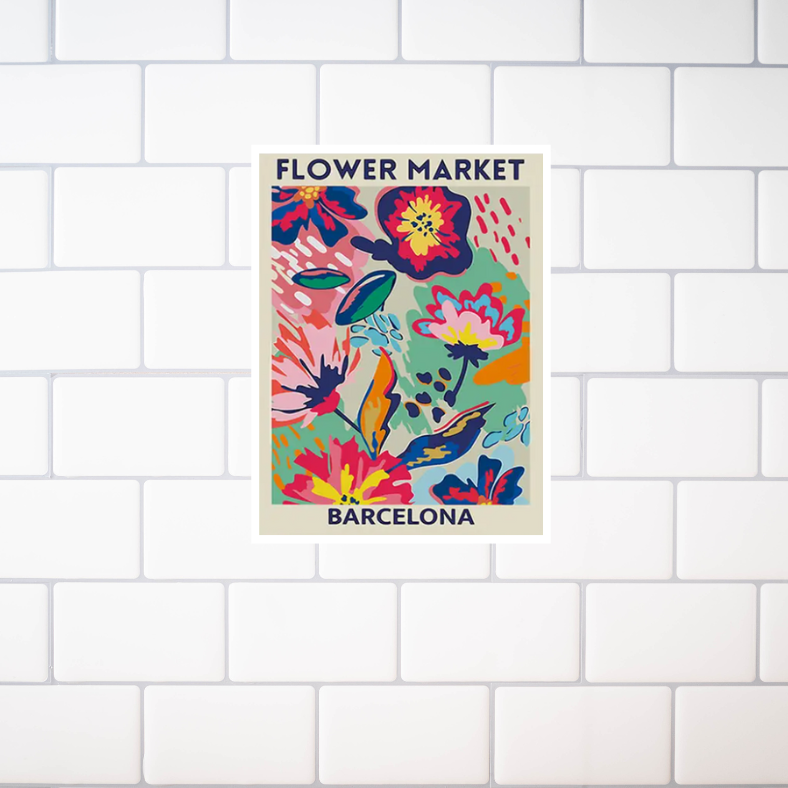 Bright 'Flower market' Barcelona high quality UV protected framed canvas print | Blue, pink, aqua | 30 cm x 40 cm