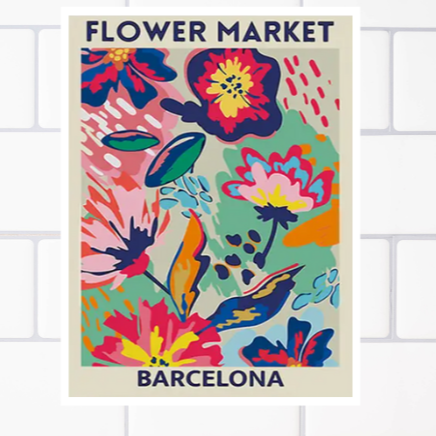 Bright 'Flower market' Barcelona high quality UV protected framed canvas print | Blue, pink, aqua | 30 cm x 40 cm