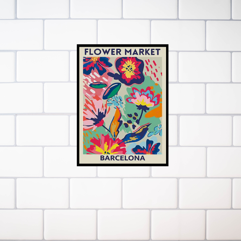 Bright 'Flower market' Barcelona high quality UV protected framed canvas print | Blue, pink, aqua | 30 cm x 40 cm