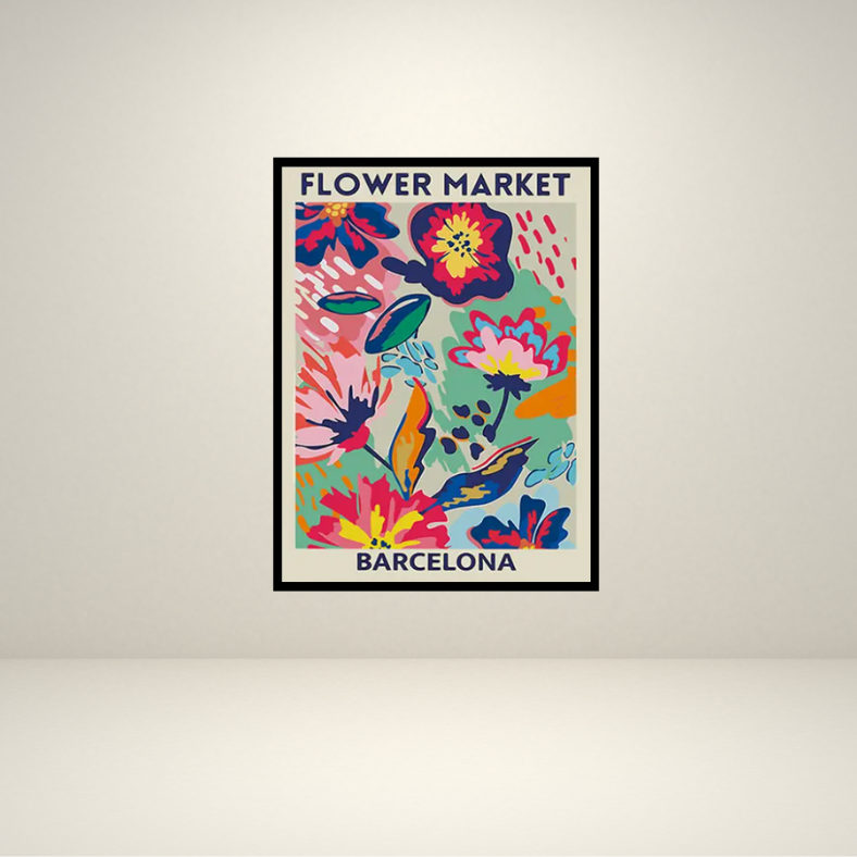 Bright 'Flower market' Barcelona high quality UV protected framed canvas print | Blue, pink, aqua | 30 cm x 40 cm