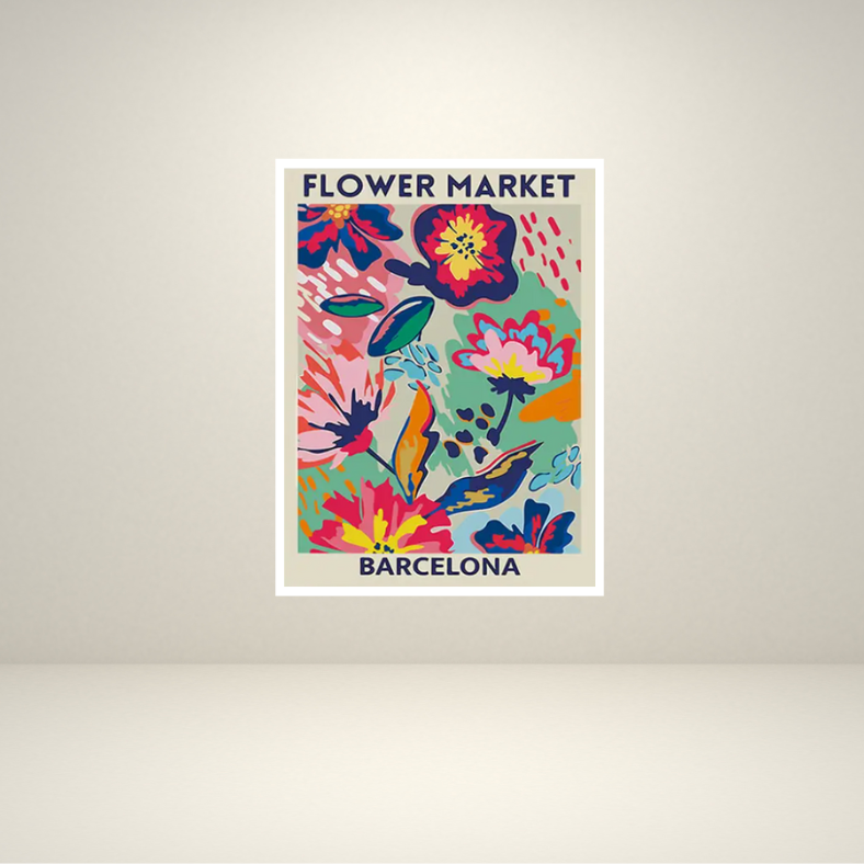 Bright 'Flower market' Barcelona high quality UV protected framed canvas print | Blue, pink, aqua | 30 cm x 40 cm