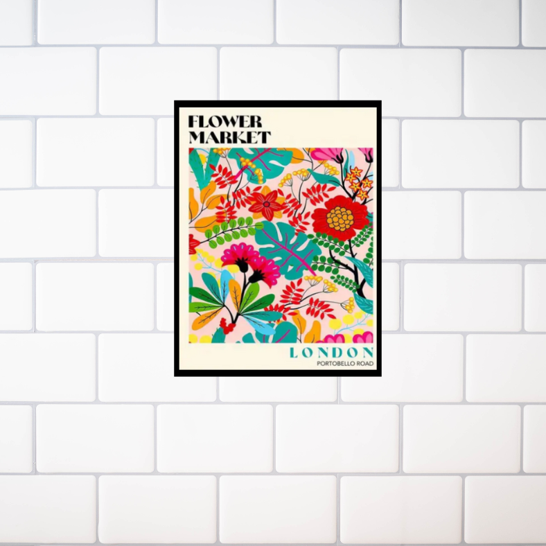 Bright 'Flower market' London Portobello Road | high quality UV protected framed canvas print  | Aqua, Fuchsia, red  | 30 cm x 40 cm