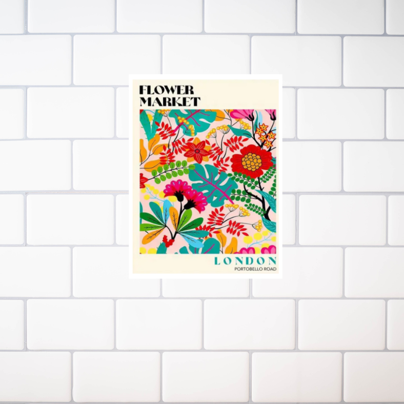 Bright 'Flower market' London Portobello Road | high quality UV protected framed canvas print  | Aqua, Fuchsia, red  | 30 cm x 40 cm
