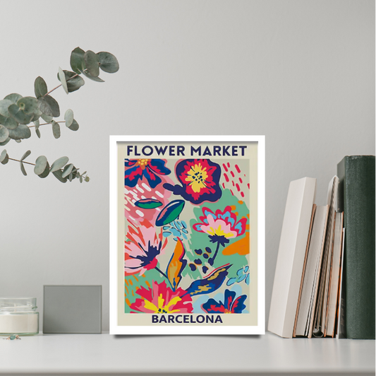 Bright 'Flower market' Barcelona high quality UV protected framed canvas print | Blue, pink, aqua | 30 cm x 40 cm