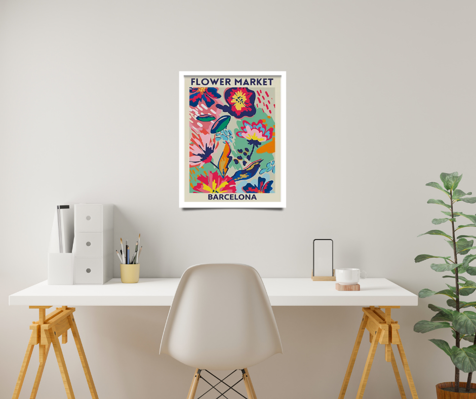 Bright 'Flower market' Barcelona high quality UV protected framed canvas print | Blue, pink, aqua | 30 cm x 40 cm