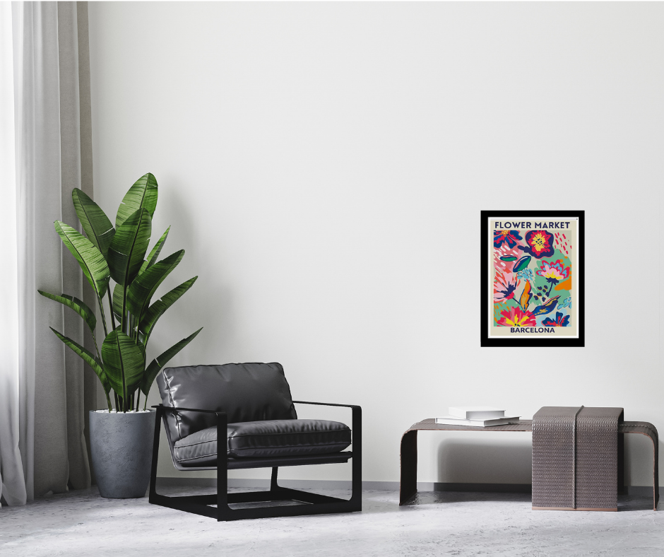 Bright 'Flower market' Barcelona high quality UV protected framed canvas print | Blue, pink, aqua | 30 cm x 40 cm