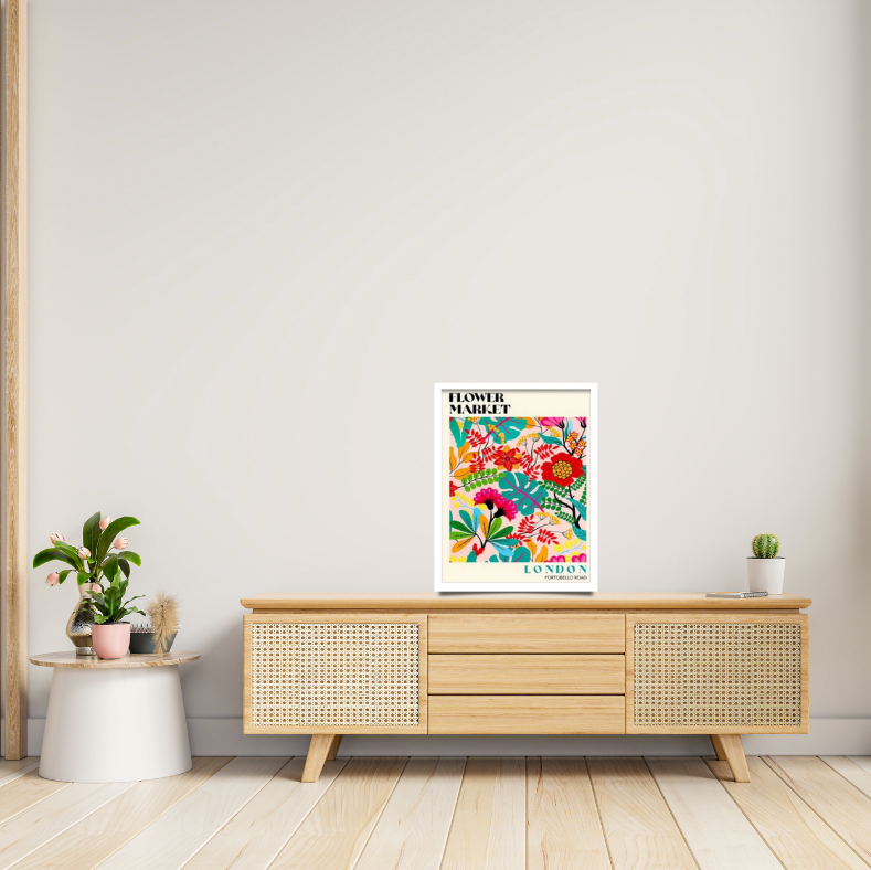 Bright 'Flower market' London Portobello Road | high quality UV protected framed canvas print  | Aqua, Fuchsia, red  | 30 cm x 40 cm