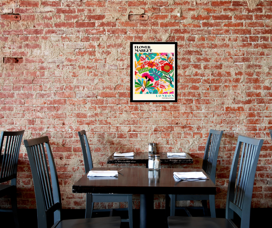 Bright 'Flower market' London Portobello Road | high quality UV protected framed canvas print  | Aqua, Fuchsia, red  | 30 cm x 40 cm