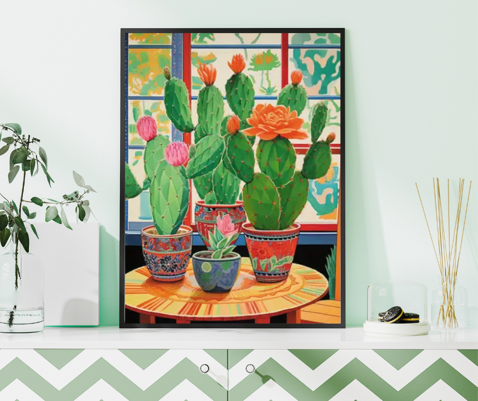 Vibrant cactus in Asian-style pots |  High quality UV protected framed canvas print | Red, green, pink | 30 cm x 40 cm