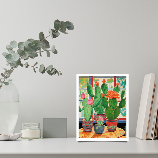 Vibrant cactus in Asian-style pots |  High quality UV protected framed canvas print | Red, green, pink | 30 cm x 40 cm