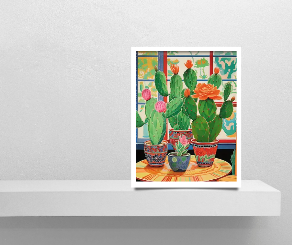 Vibrant cactus in Asian-style pots |  High quality UV protected framed canvas print | Red, green, pink | 30 cm x 40 cm
