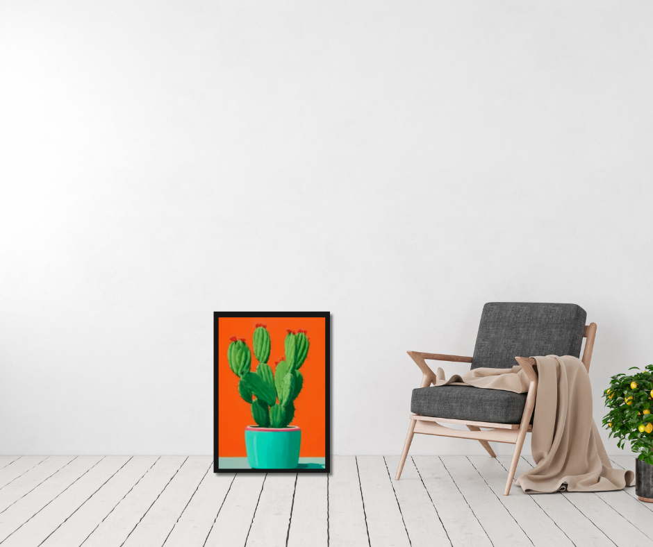 Still life cactus |  High quality UV protected framed canvas print | Aqua, green and orange | Set of 3 | 30 cm x 40 cm