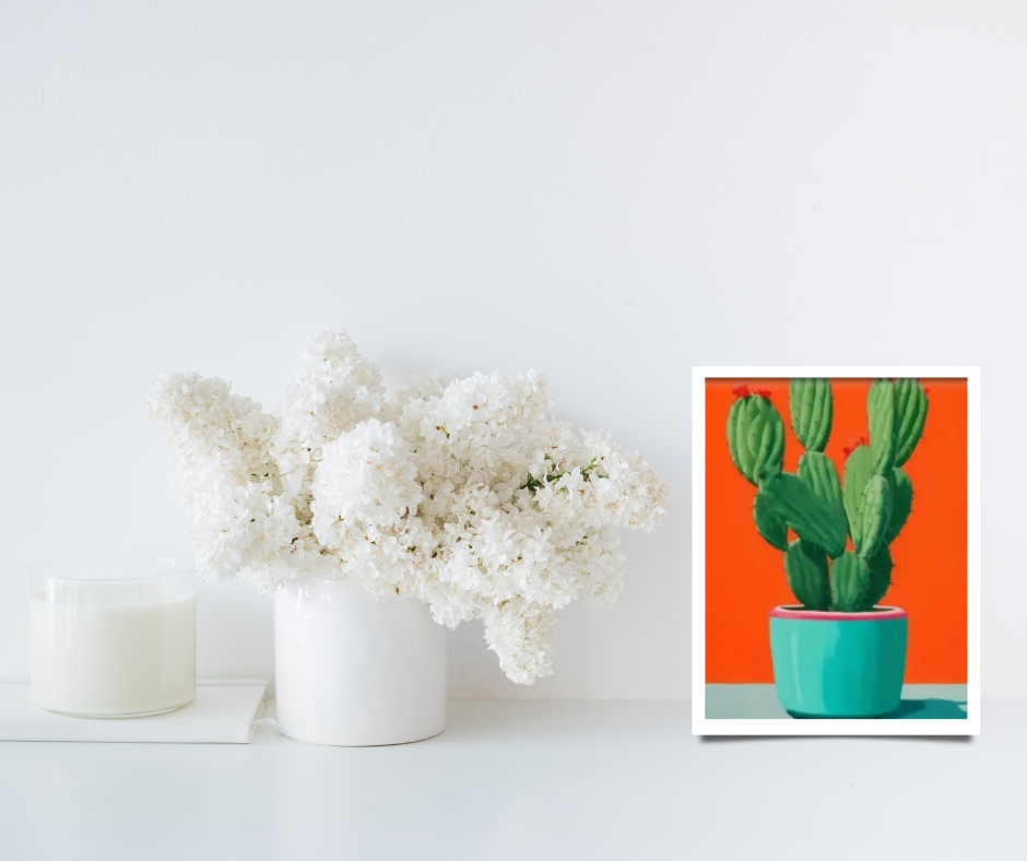 Still life cactus |  High quality UV protected framed canvas print | Aqua, green and orange | Set of 3 | 30 cm x 40 cm