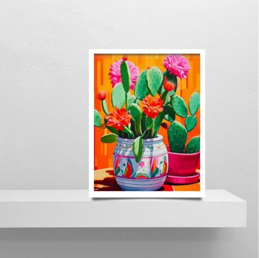 Vibrant still life cactus in white and pink pots high quality framed canvas print | 30 cm x 40 cm