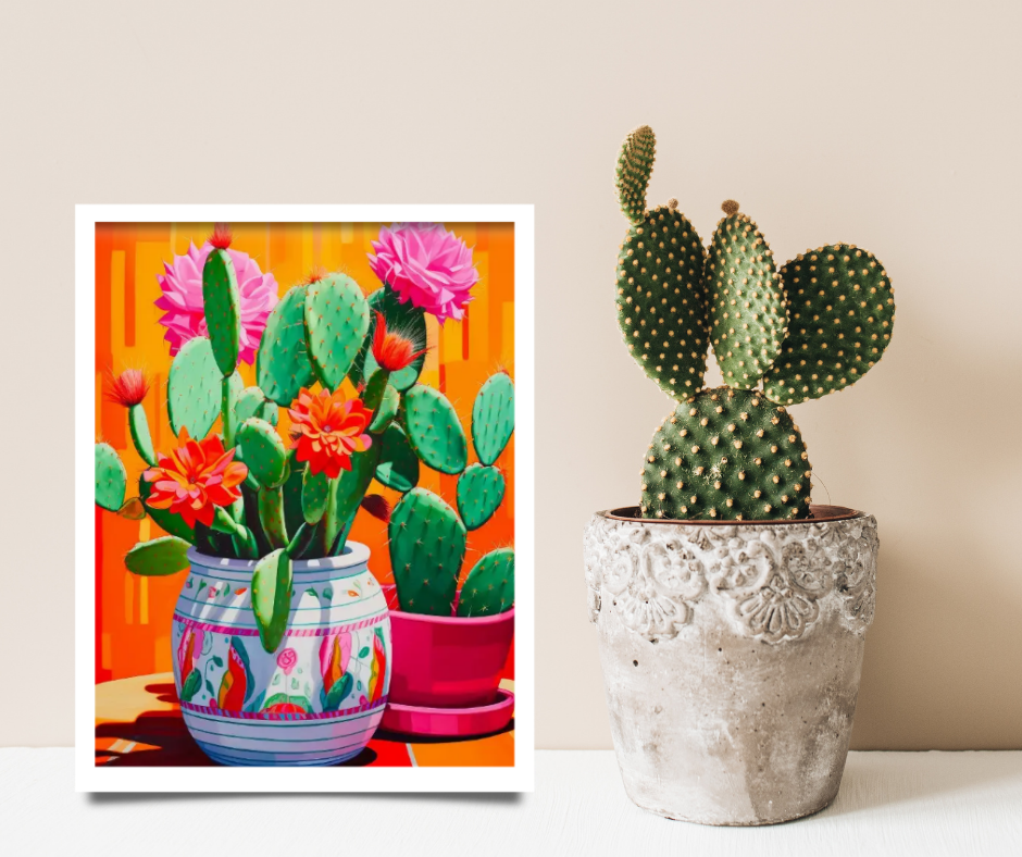 Vibrant still life cactus in white and pink pots high quality framed canvas print | 30 cm x 40 cm