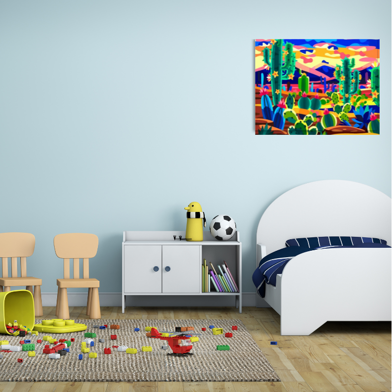 Bright cactus desert scene |  High quality UV protected stretched canvas| Blue, green, yellow | 40 cm x 60 cm