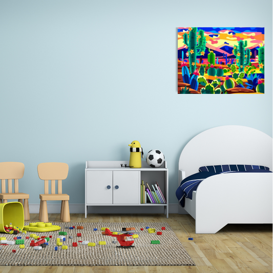 Bright cactus desert scene |  High quality UV protected stretched canvas| Blue, green, yellow | 40 cm x 60 cm