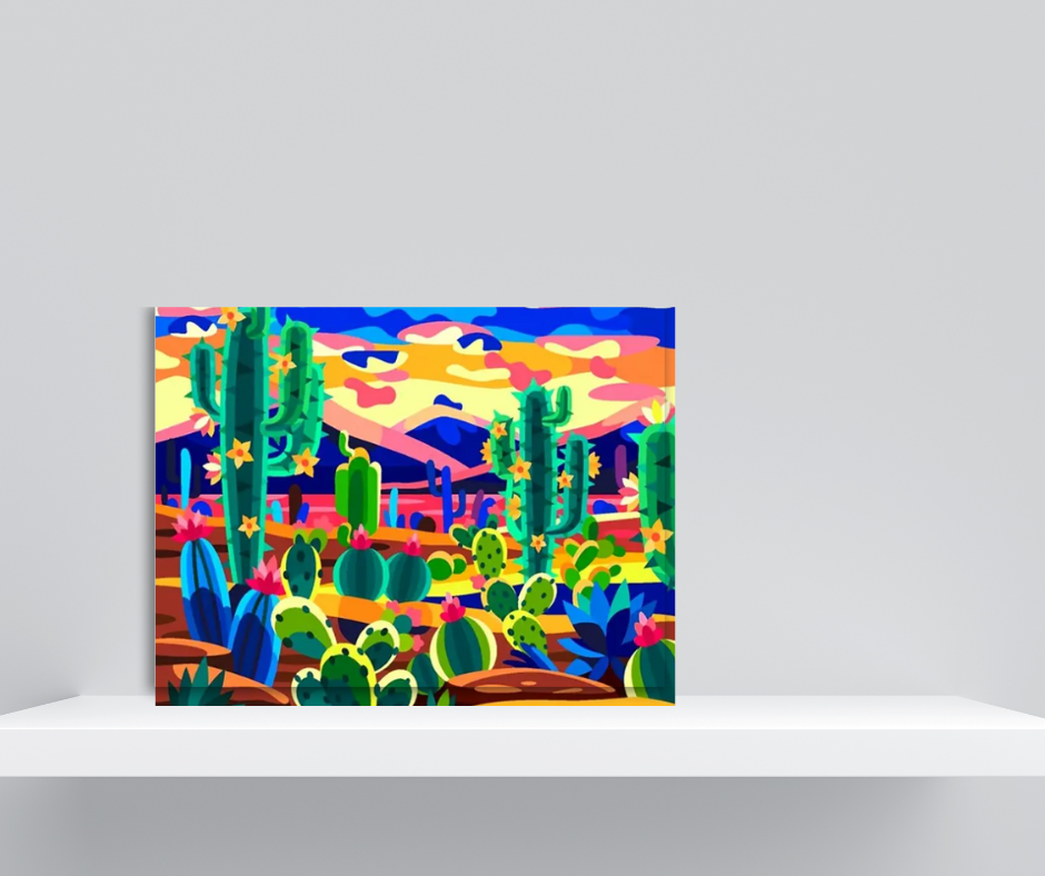 Bright cactus desert scene |  High quality UV protected stretched canvas| Blue, green, yellow | 40 cm x 60 cm
