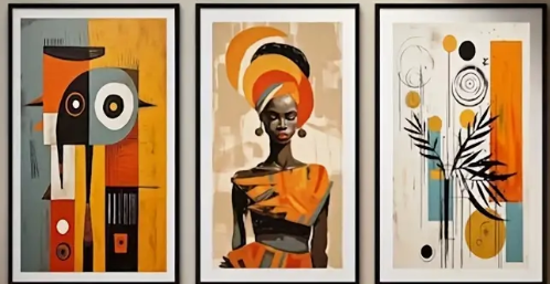 Vibrant abstract African queen | High quality UV protected framed canvas print | Orange, black, brown | Set of 3 | 30 cm x 40 cm