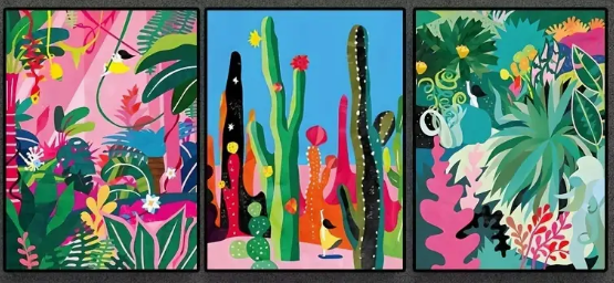 Whimsical little girl in the jungle | High quality UV protected framed canvas prints | Teal, pink, black | Set of 3 | 30 cm x 40 cm