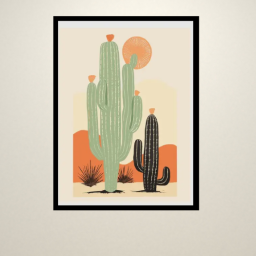 Cactus desert scene | High quality UV protected framed canvas print | Sage, black and orange | Black frame | 30 cm x 40 cm