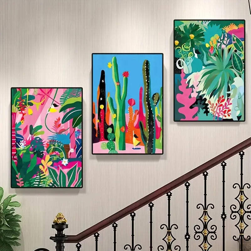 Whimsical little girl in the jungle | High quality UV protected framed canvas prints | Teal, pink, black | Set of 3 | 30 cm x 40 cm
