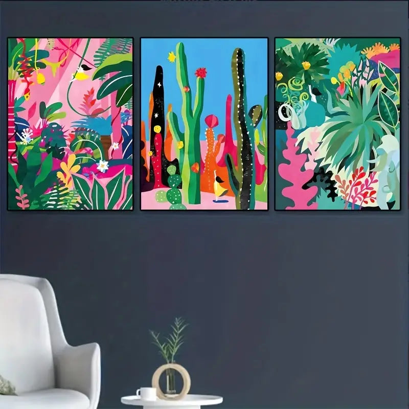 Whimsical little girl in the jungle | High quality UV protected framed canvas prints | Teal, pink, black | Set of 3 | 30 cm x 40 cm