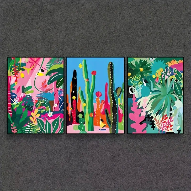Whimsical little girl in the jungle | High quality UV protected framed canvas prints | Teal, pink, black | Set of 3 | 30 cm x 40 cm