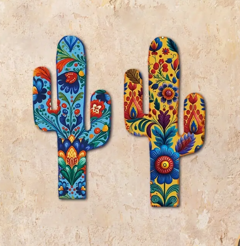 Vibrant Mexican-themed laser-cut cactus timber wall hangings