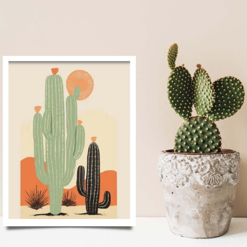 Cactus desert scene | High quality UV protected framed canvas print | Sage, black and orange | Black frame | 30 cm x 40 cm