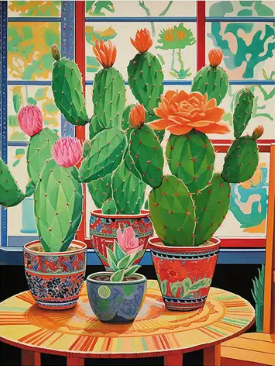 Vibrant cactus in Asian-style pots |  High quality UV protected framed canvas print | Red, green, pink | 30 cm x 40 cm