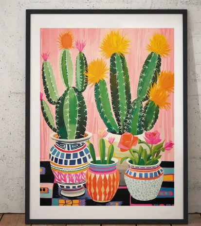 Vibrant cactus in mosaic pots |  High quality UV protected framed canvas print | Green, pinks, yellow, orange | 30 cm x 40 cm
