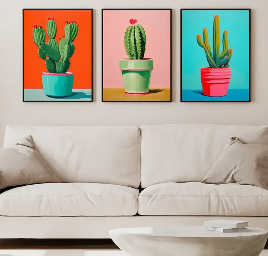 Still life cactus |  High quality UV protected framed canvas print | Aqua, green and orange | Set of 3 | 30 cm x 40 cm