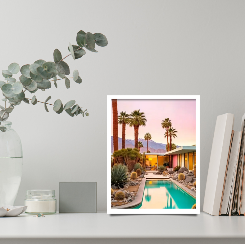 Palm Springs Californian mid-century bungalow framed canvas print | Pink and orange | 30 cm x 40 |